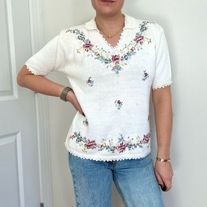 Vintage Embroidered Short Sleeve Sweater
